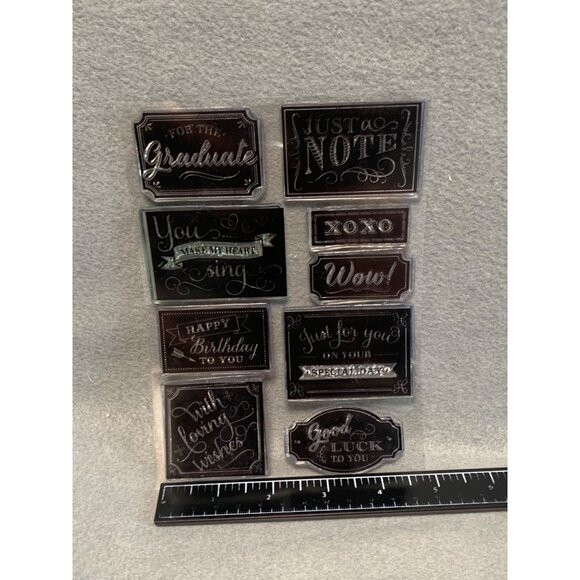 9-Piece Clear Sentiment Stamp Set - "Just A Note" "Wow" "Happy Birthday" "Good L - Picture 2 of 5